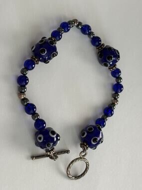 Sterling Silver Cobalt Blue Art Glass Beads Bracelet Toggle Clasp